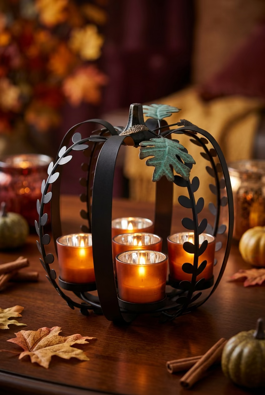 Candle holder and pumpkin form holds five motives