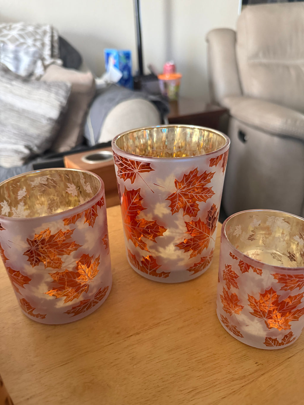 Fall decor, candleholders with candles on inside
