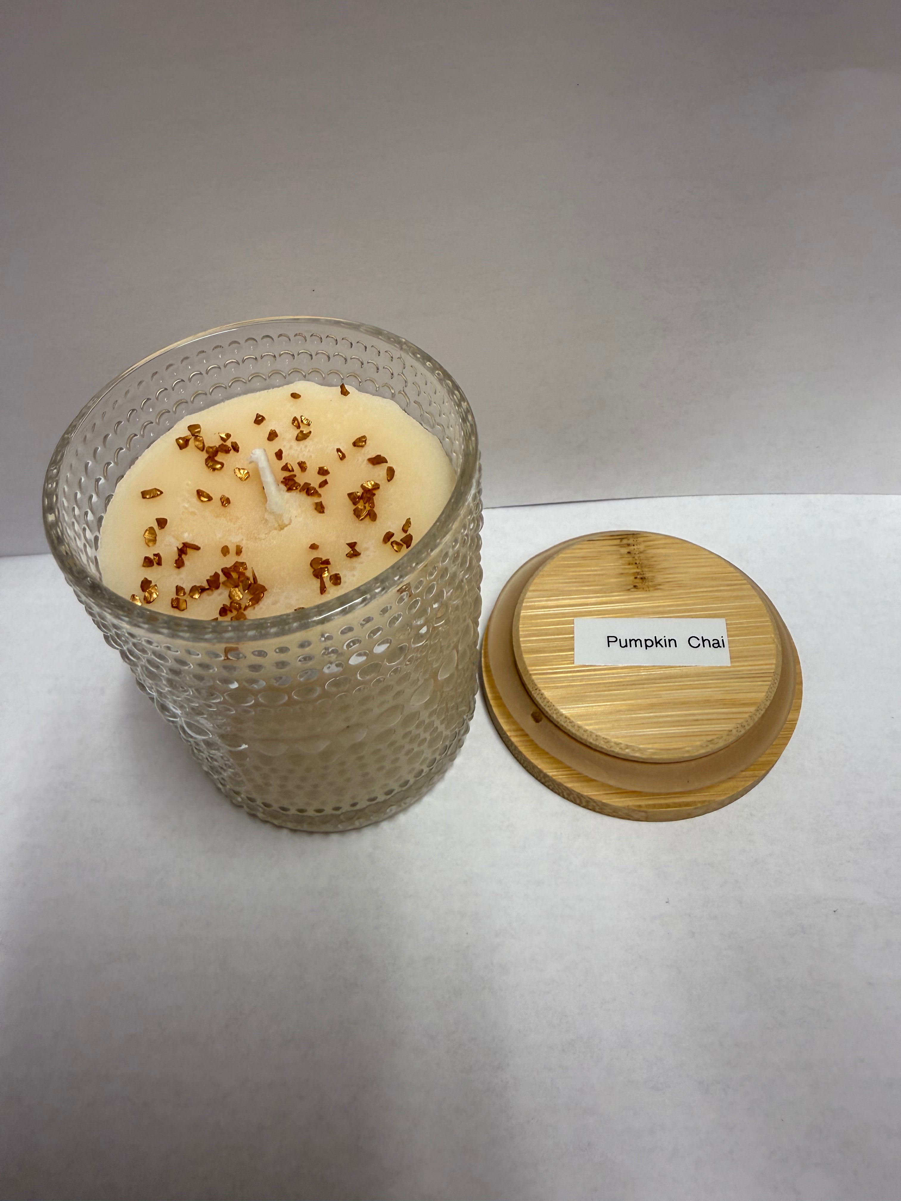 8 ounce decorative jar filled with soy candle scent of your choice