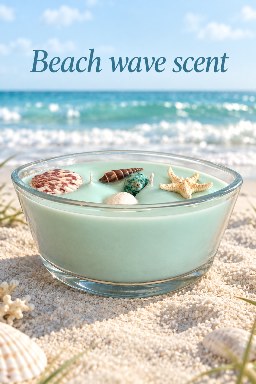 Beach wave scent candle with an ocean background