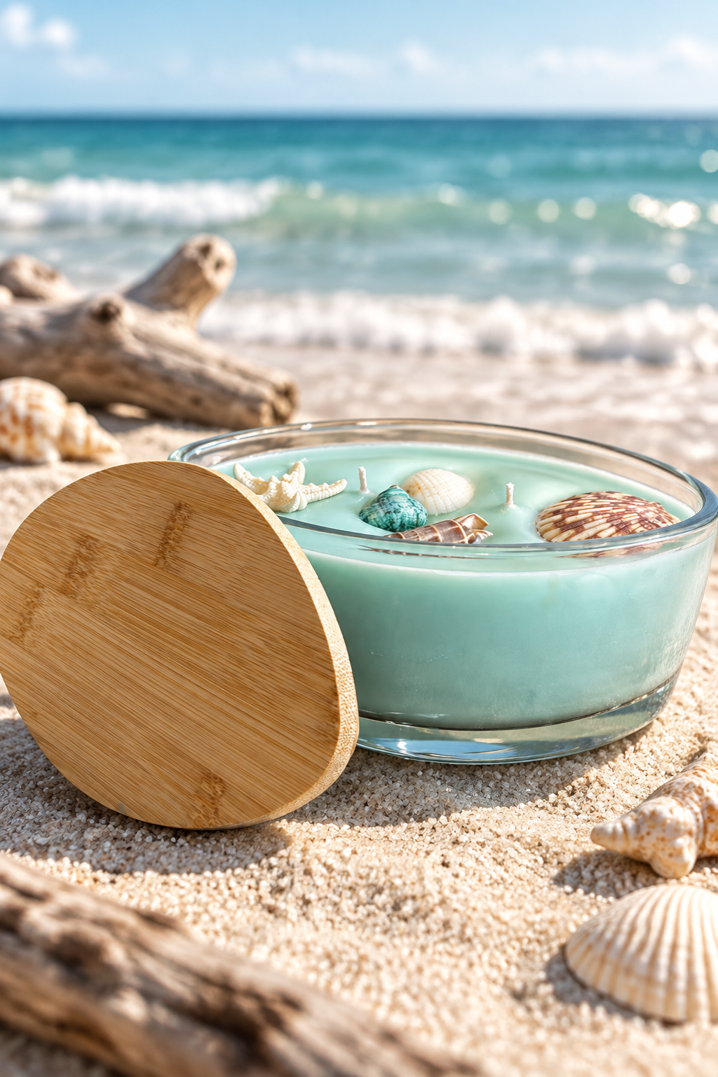 Candle and wooden lid in a sunny beach scene