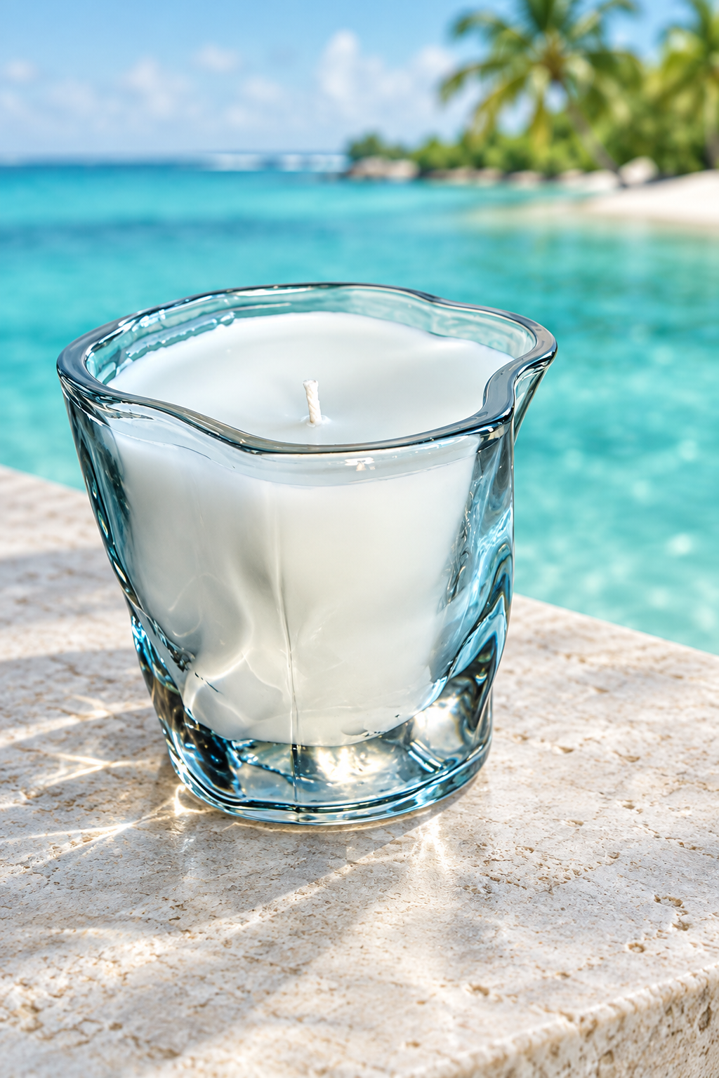 Candle overlooking a tropical lagoon