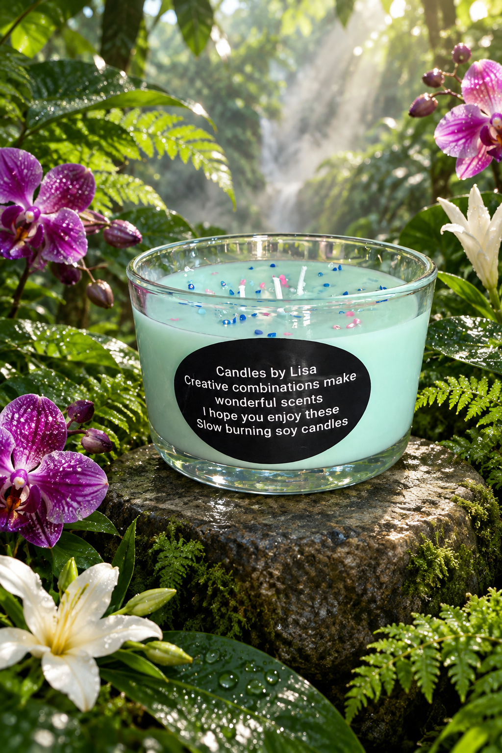 Candle surrounded by rainforest blossoms