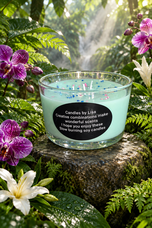 Candle surrounded by rainforest blossoms