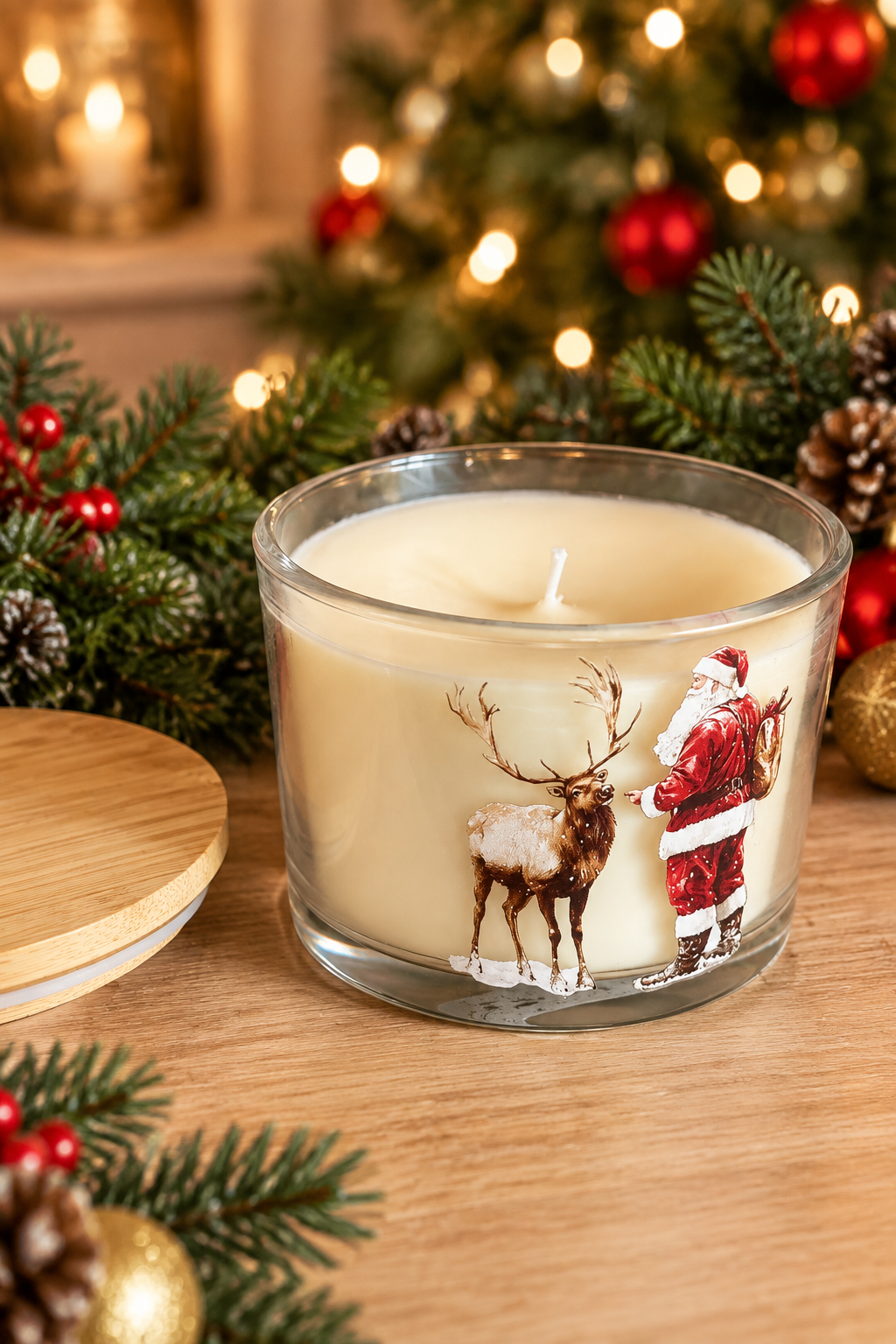 Candle with a cozy Christmas background