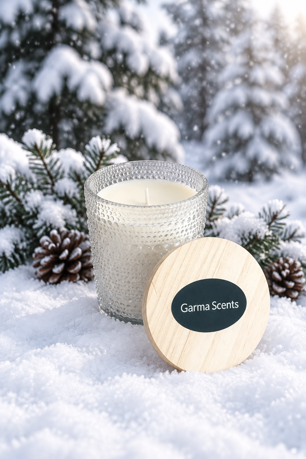 Candle with a snowy winter background