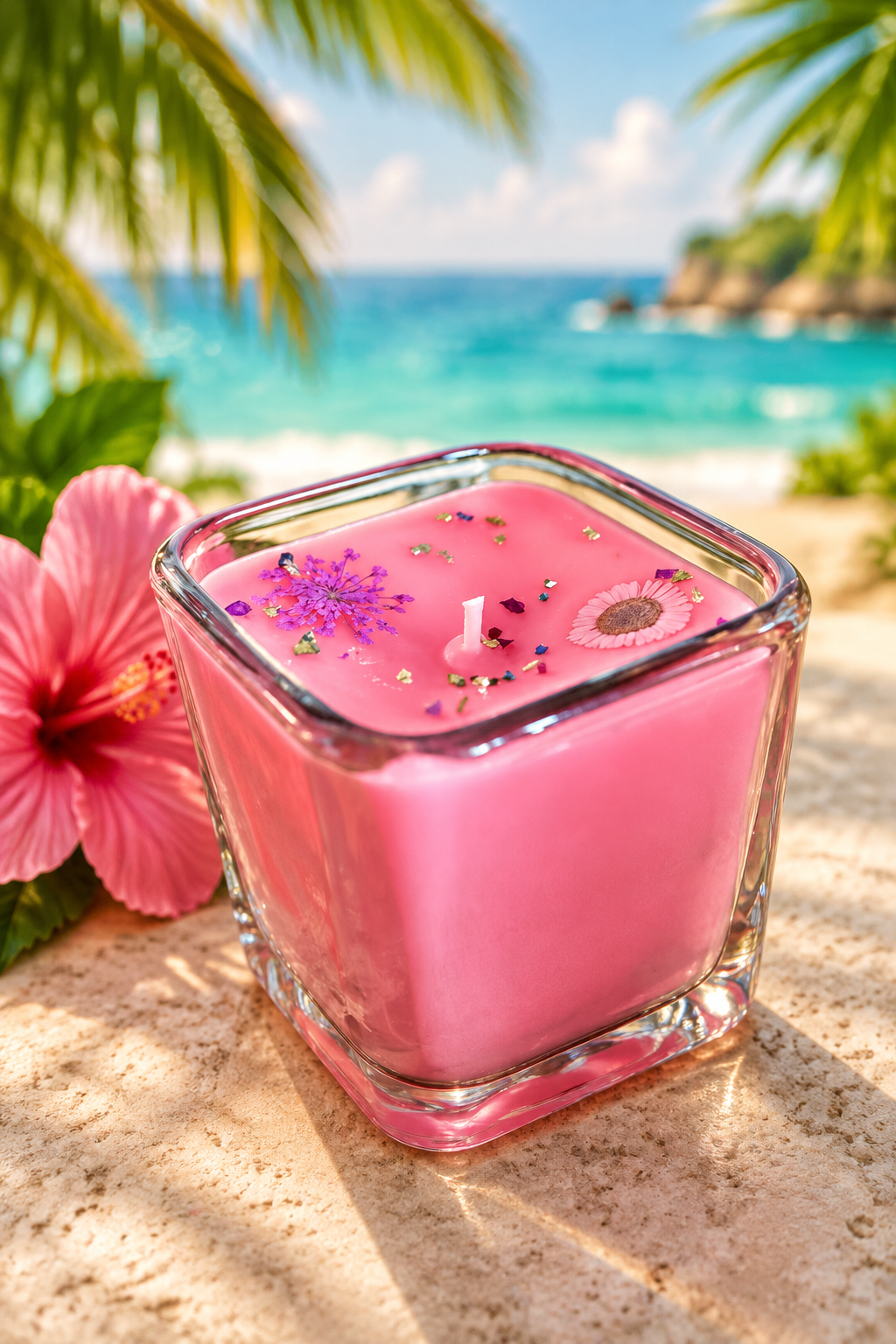 Candle with a tropical beach background