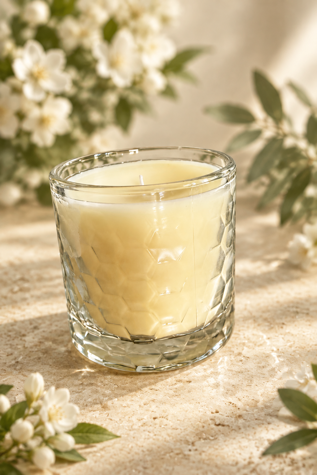 Candle with ivory blossoms and warm light