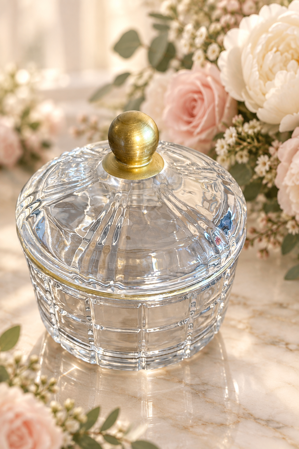 Clear glass vessel with ivory and blush flowers