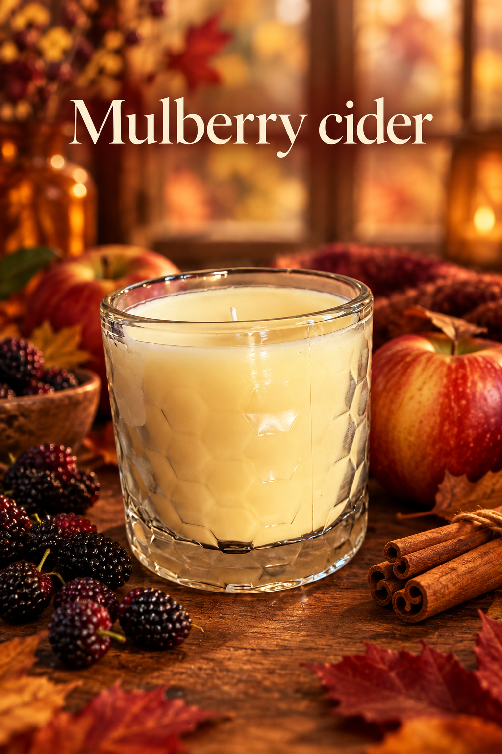 Mulberry cider candle with a cozy autumn window background