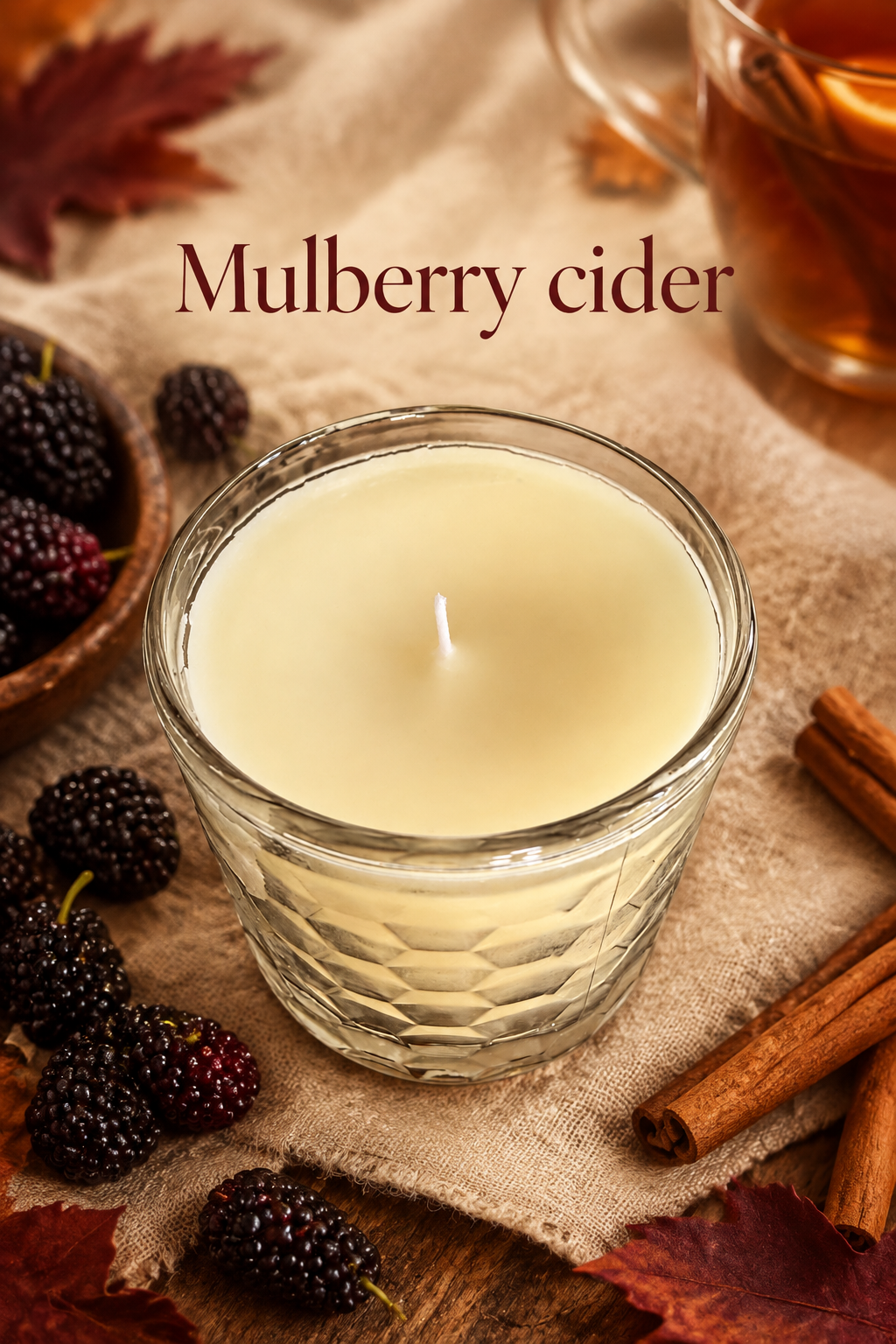 Mulberry cider candle with warm linen and cider accents