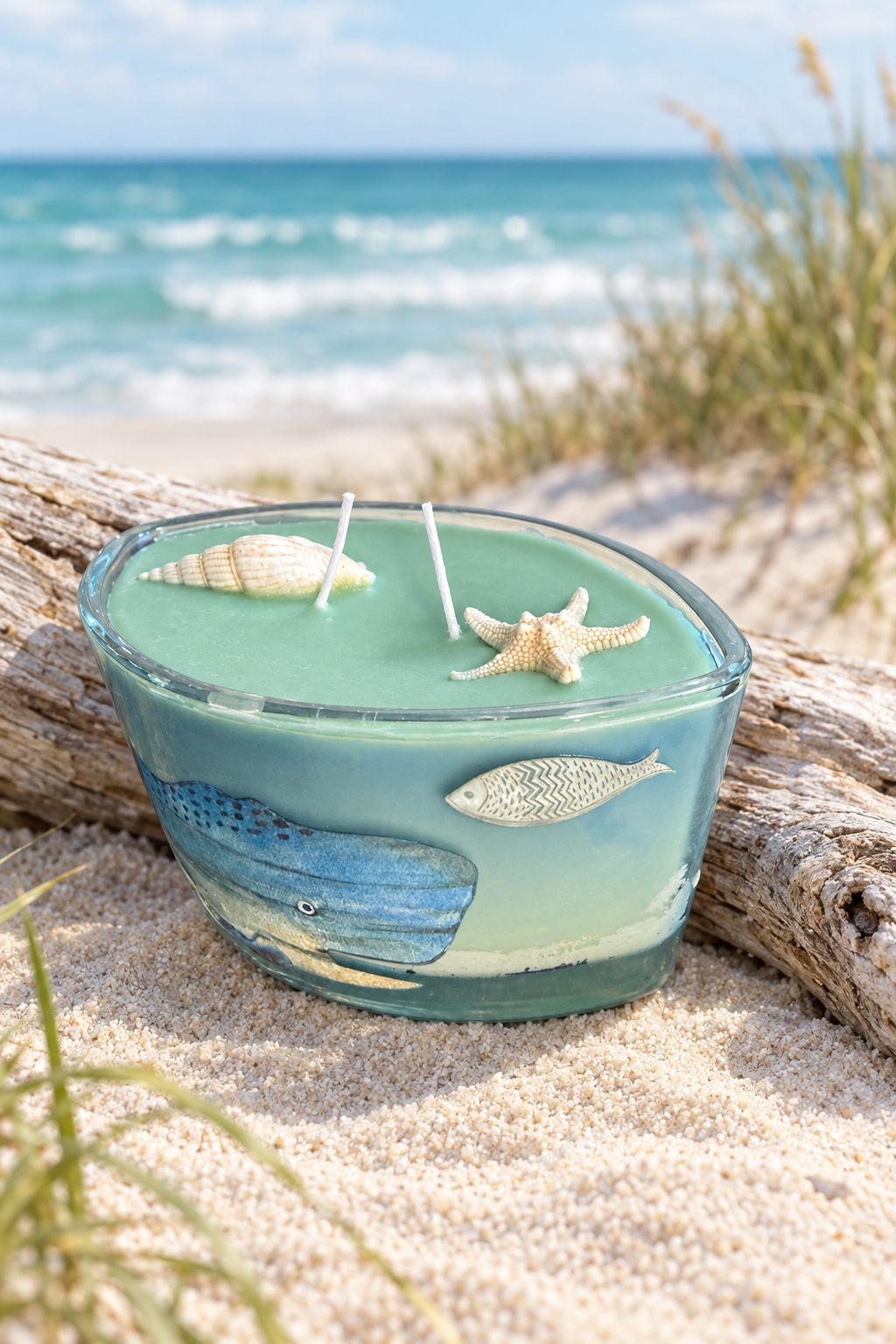 Ocean candle with a coastal background, fish detail