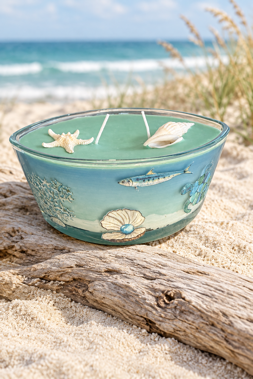 Ocean candle with a coastal background, pearl shell detail