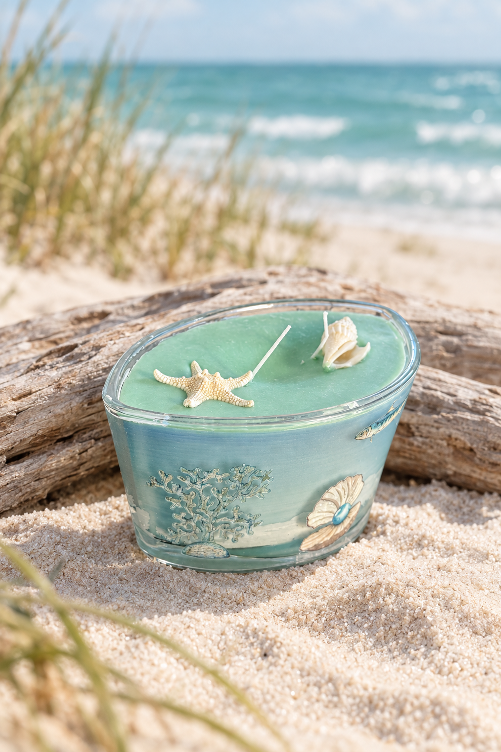 Ocean candle with a coastal background, shell detail