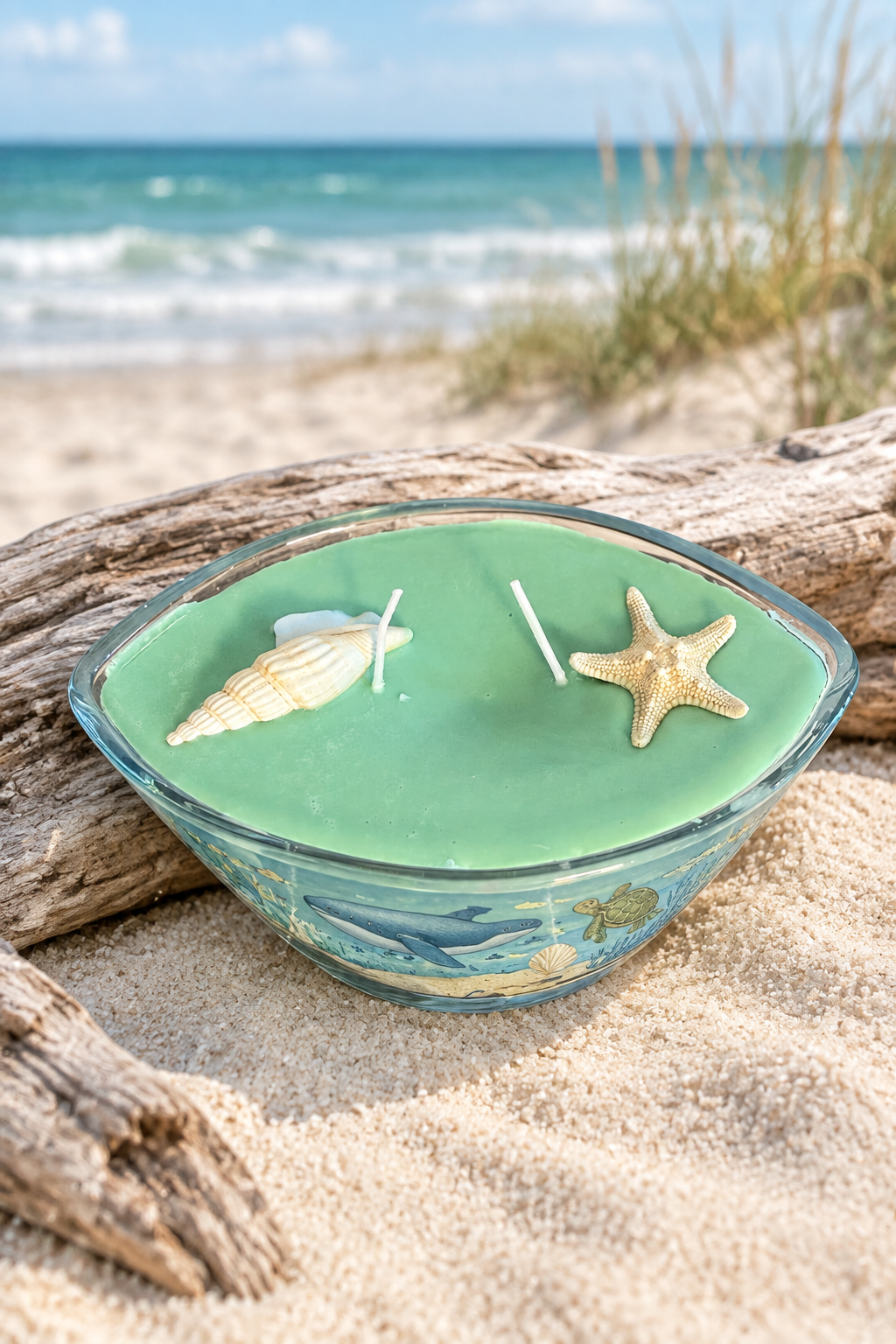 Ocean candle with a coastal background, top view