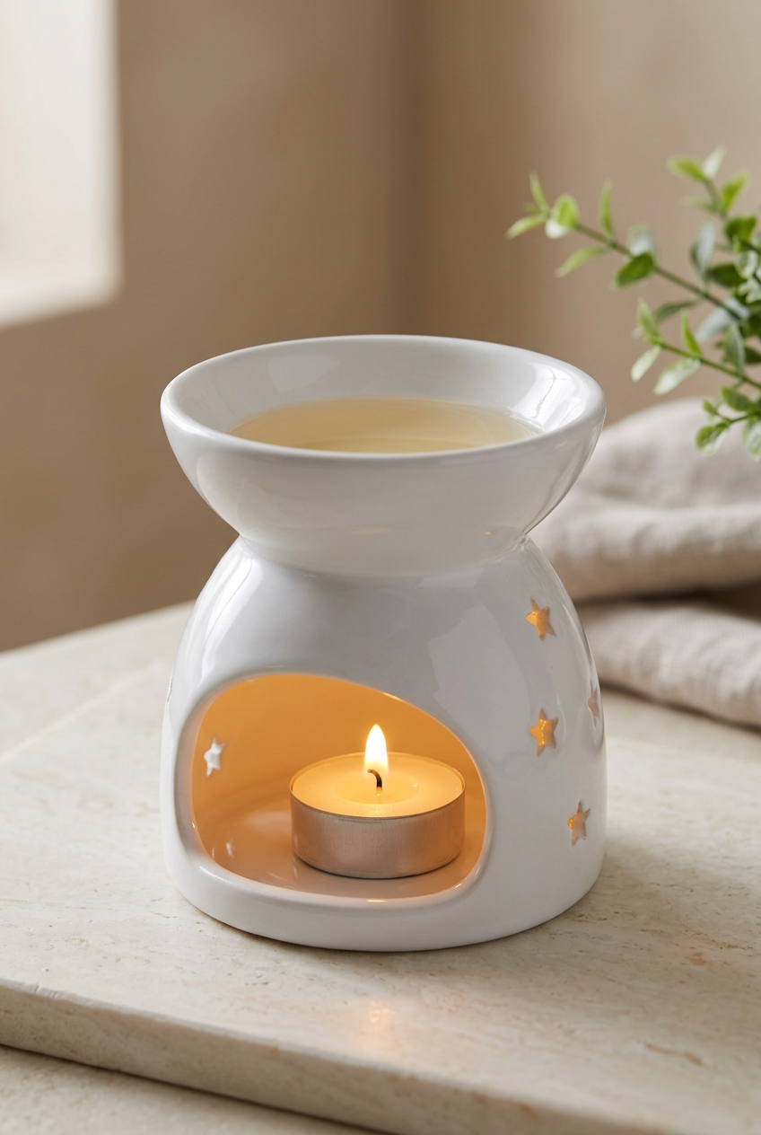 Oil burner with a realistic tea-light glow and warm spa background