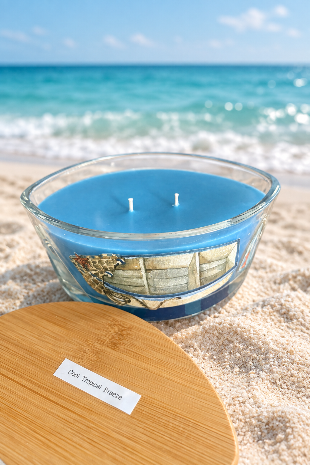 Open candle with ocean background