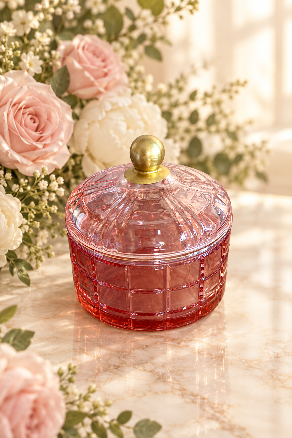 Pink glass vessel with a soft floral background