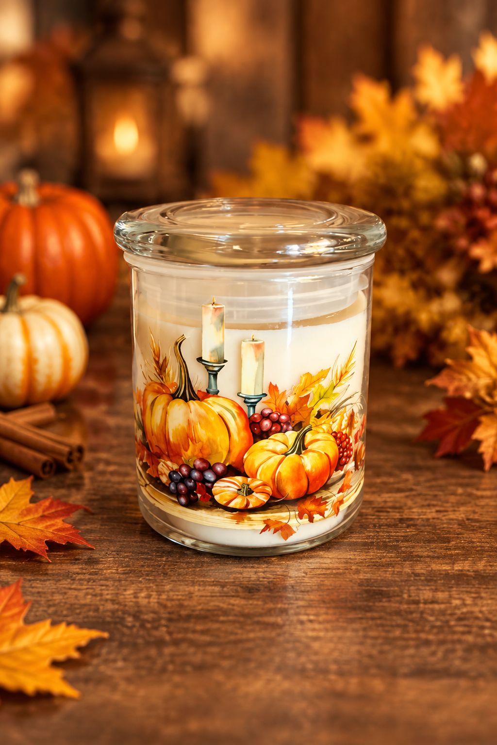 Pumpkin chai candle with a fall background