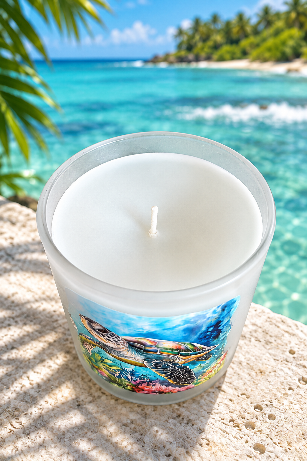 Sea turtle candle overlooking a turquoise lagoon