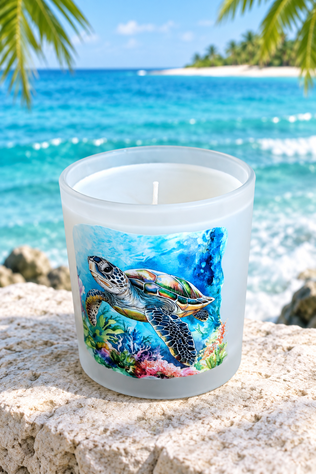 Sea turtle candle with a tropical ocean background