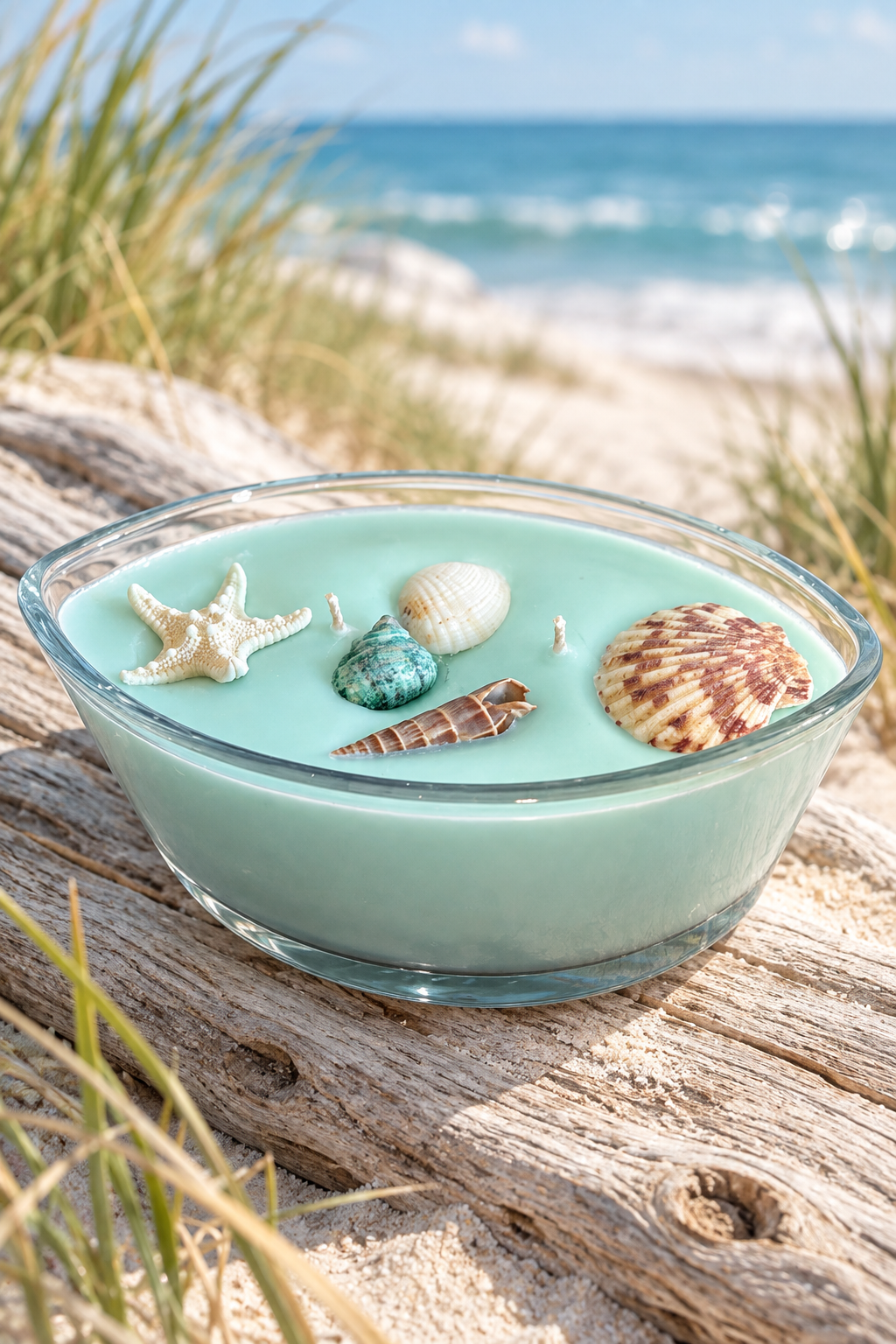 Shell candle in an airy coastal close-up