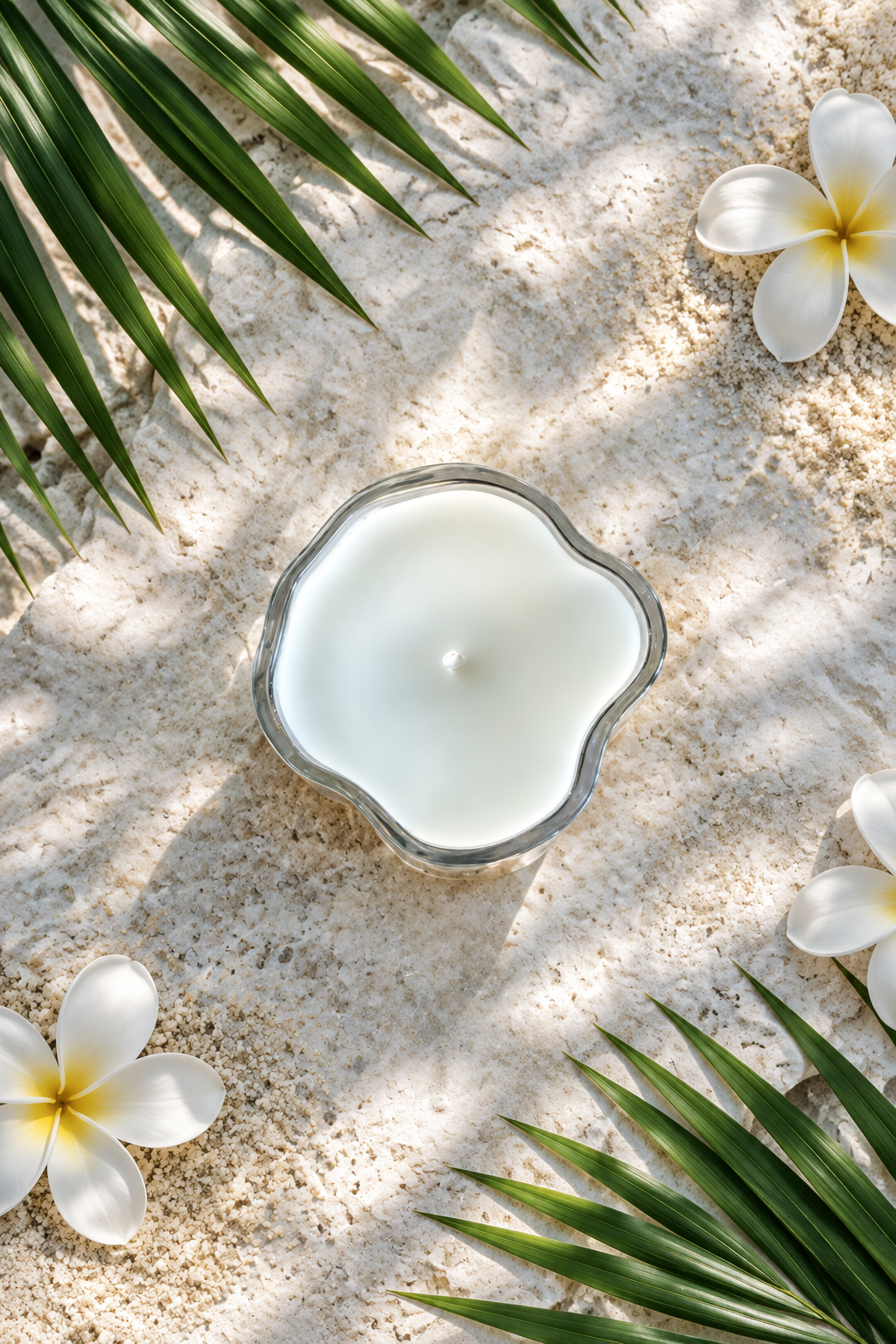 Tropical beach-inspired candle flat lay